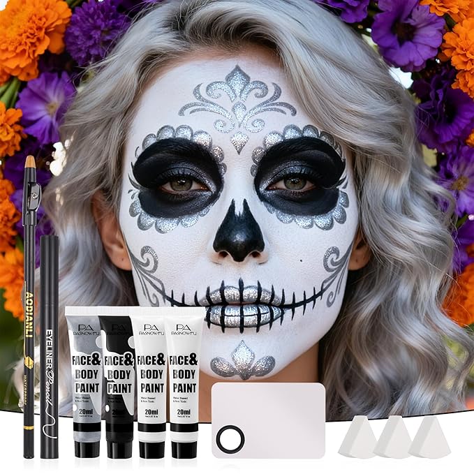 Halloween for Skeleton Makeup Kit, Professional Halloween SFX Makeup Set for Skeleton Costume, Water-Based Face Paint Set with Black White SilverFace Paints, for Cosplay, Costume Party