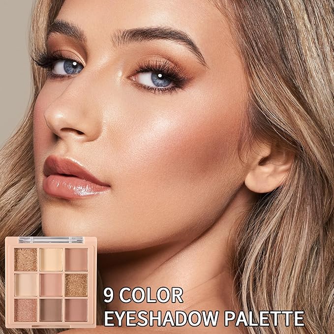 Erinde 9 Colors Eyeshadow Palette, Matte Shimmer Glitter Eye Shadow Makeup Palette, Highly Pigmented Long Lasting Waterproof, Natural Neutral Nude Eyeshadow Makeup Pallet, Oat Milk Tea