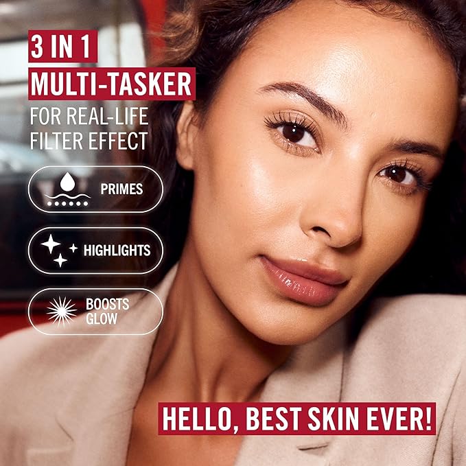 Rimmel Multi-Tasker Better Than Filters, 008 Rich, Face Primer, Glow Booster and Highlighter, Vegan Formula, Anti-Ageing Benefits, Light-Reflecting Pigments, Giant Soft-Touch Wand, 1oz