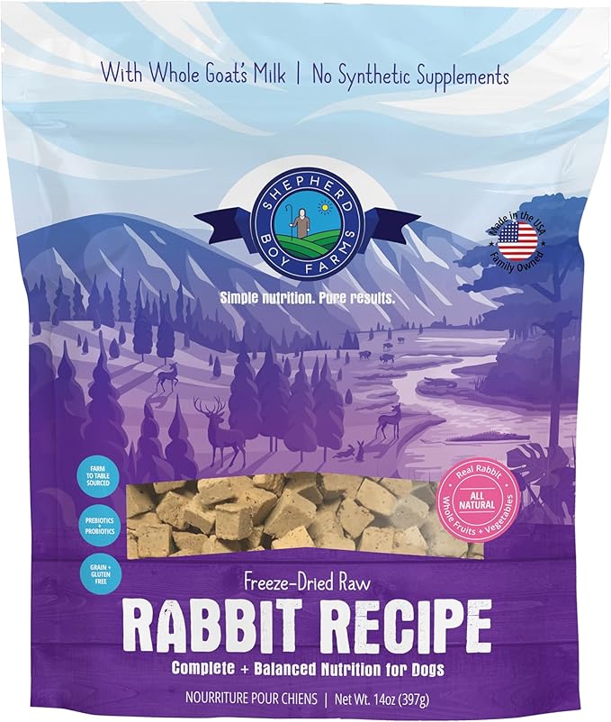 Freeze Dried Raw Dog Food, Rabbit Recipe, All Natural, No Synthetics, Made in USA with Goat's Milk & Organic Produce, High Protein, Complete Meal (14oz)
