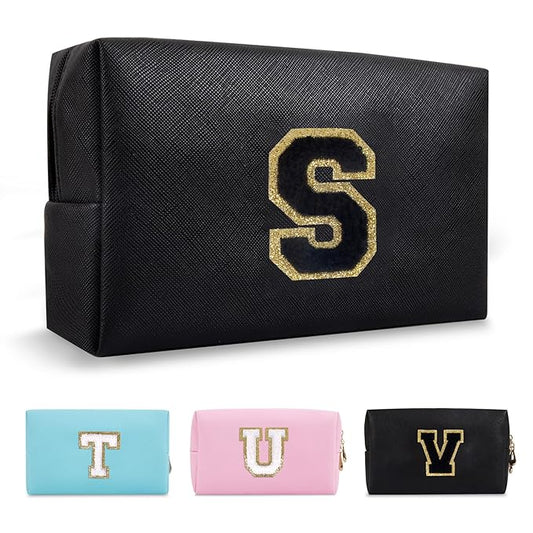 Personalized Initial A-Z Preppy Patch Makeup Bag,Small PU Chenille Letter Cosmetic Bag with Zipper for Teen Girls,Black Cute Toiletry Organizer Bag,Monogram Makeup Case Gift for Women Girls,Letter S