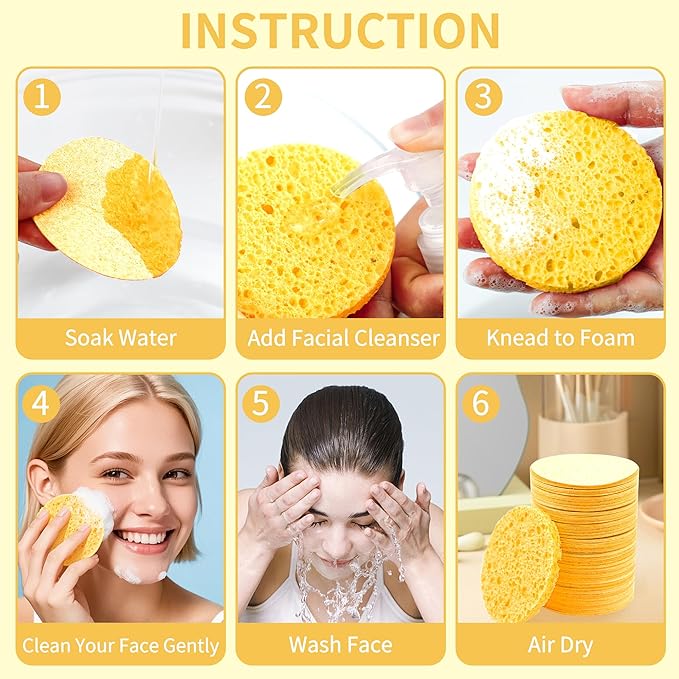 100-Count Compressed Facial Sponges, Natural Cosmetic Spa Sponges for Facial Cleansing, Exfoliating Mask, Makeup Remover, Travel Face Sponges - Yellow