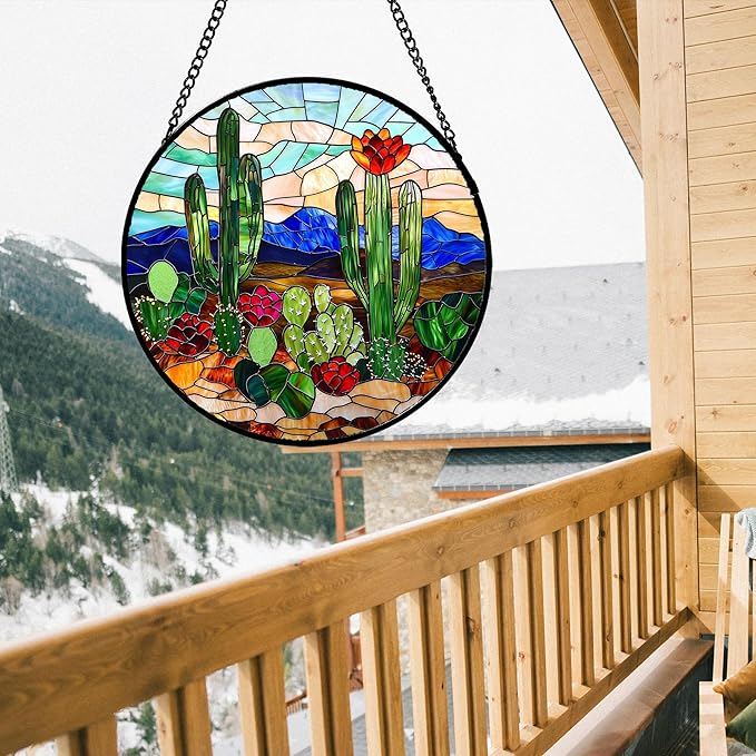 Stained Glass Window Hanging, Green Cactus Suncatcher for Doors Window Home Plant Landscape Sun Catchers Decoration Mother's Day Birthday Gifts for Women, Men, and Mom 9.8 in