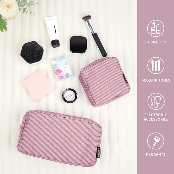 MAGEFY Small Makeup Bag for Purse Mini Cosmetics Bag Corduroy Cute Cosmetic Pouch for Women with Slip-in Pockets