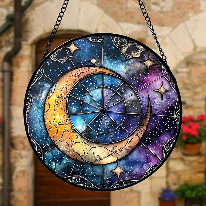Stained Glass Window Hanging, Blue Starry Sky Moon Astrolabe Suncatcher for Doors Home Sun Catchers Decoration and Christmas, Mother's Day Birthday Gifts for Women, Men, and Mom 14.9x14.9 in