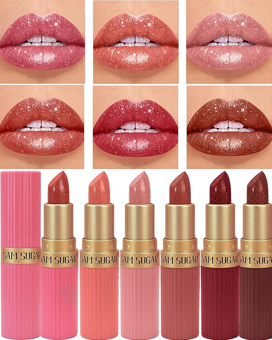 6Pcs Sparkling Glitter Lipstick,Long Lasting Shimmer Metallic Lipstick for Women Glitter Nude Pink Brown Dark Rose Red Color Waterproof Lip Gloss,Diamond Shiny Non-Stick Lipgloss labiales Makeup Gift