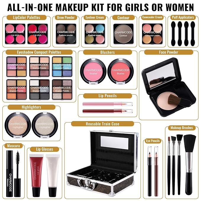 Makeup Kit for Teen Girls & Women Full Kit, Beauty Train Case with Starter Cosmetics Set, Make Up Valentine's Gift Box with Eyeshadow,Lipgloss,Highlight,Blush,Lip&Eye Pen,Brush & More(GoldenBrown)