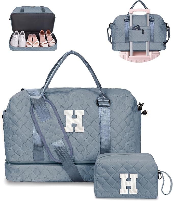 Gifts for Teen Girls-Initial Duffle Bag with Shoe Compartment, Personalized Weekender Bag, Monogram Overnight Bag, Travel Bag with Makeup Bag，Birthday Gift Graduate Gifts for Her (Letter H)
