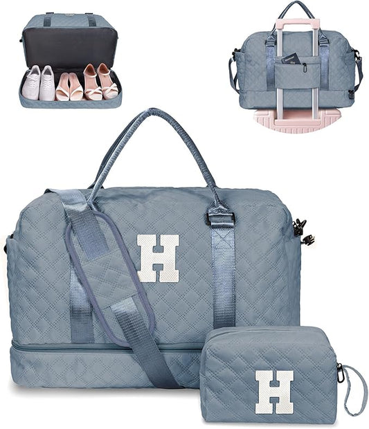 Gifts for Teen Girls-Initial Duffle Bag with Shoe Compartment, Personalized Weekender Bag, Monogram Overnight Bag, Travel Bag with Makeup Bag，Birthday Gift Graduate Gifts for Her (Letter H)