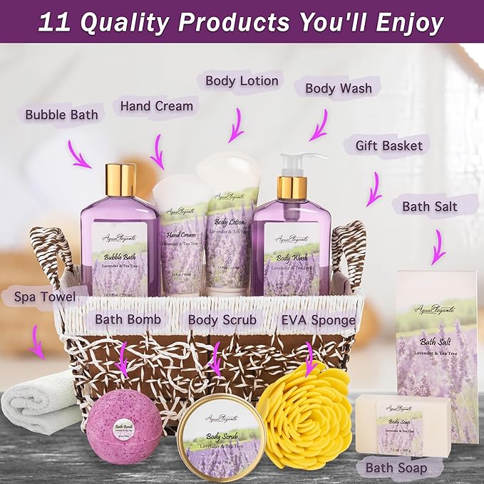 Spa Baskets For Women - Luxury Bath Set With Lavender & Tea Tree Oil - Spa Kit Includes Wash, Bubble Bath, Lotion, Bath Salts, Body Scrub, Hand Cream, Shower Puff, Bathbombs, Soap and Towel