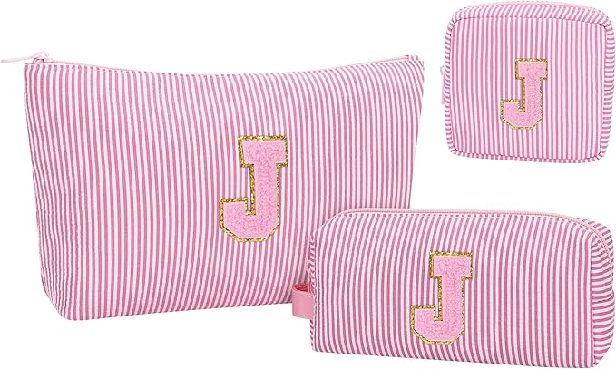 MONSTINA Personalized Initial Makeup Bag for Women,Monogram Make Up Case for Girlfriend Bridesmaid Wife,Birthday Gift for Her Cute Toiletry Bag,3PCS,Pink J