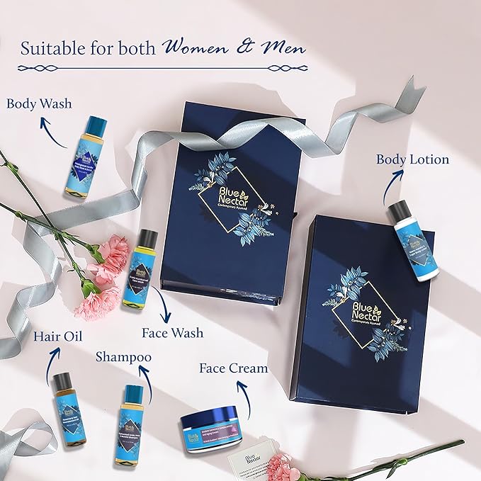 Premium Beauty Gift Set for Women & Men | Blue Nectar Hair Oil, Shampoo, Face Wash, Body Wash, Scrub & Lotion with Herbal Ingredients | Ideal Christmas Holidays Gift for Mom,Dad,Girlfriend & Coworker