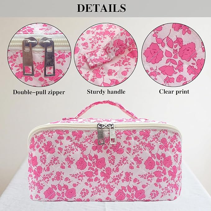 Pink Large Quilted Floral Makeup Bag Cute Coquette Aesthetic Cosmetic Bag Open Flat Travel Toiletry Make up Bag for Women