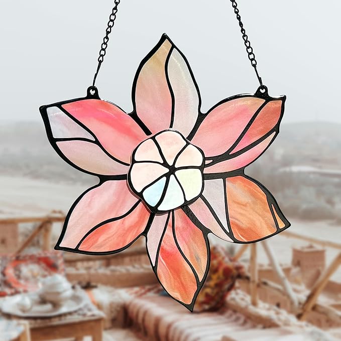 Stained Glass Window Hanging - Pink Flowers Suncatchers for Windows Hanging Floral Sun Catcher for Plant Lovers Anniversary Love Gift