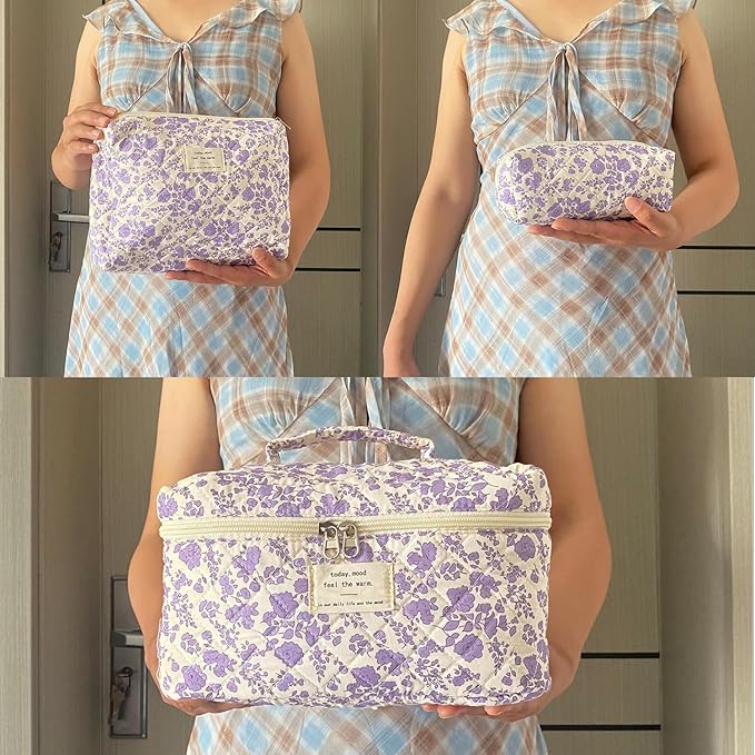 Purple Large Quilted Floral Makeup Bag Set of 3 Cute Coquette Aesthetic Cosmetic Bag Set Travel Toiletry Bag for Women