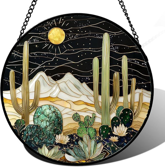 Stained Glass Window Hanging, Black and White Golden Cactus Nature Suncatcher for Doors Window Home Starry Sky Sun Catchers Decor Mother's Day Birthday Gifts for Women, Men Mom 6.3 in