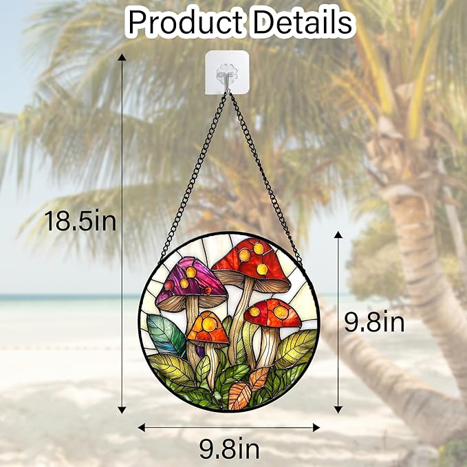 Stained Glass Window Hanging, Mushroom Leaves Suncatcher for Doors Home Sun Catchers Decoration and Christmas, Mother's Day Birthday Gifts for Women, Men, and Mom 9.8 in