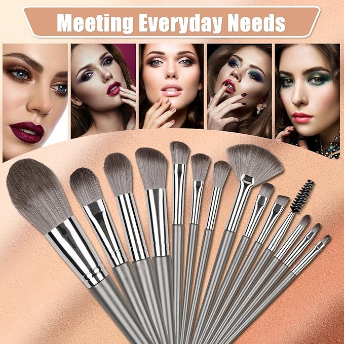 Makeup Brushes, 14 Pcs Professional Makeup Brush Set, Eye and Face Foundation Brush Set, Eyeshadow Brushes, Cosmetic Brushes, with Envelope Bag, Dark Gray