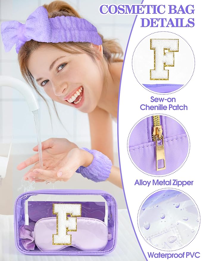 Gift Sets for Women, Initial Makeup Bag with Makeup Brush Set Bachelorette Party Favors, Purple Spa Kit with Skincare Headbands Wrist Bands Sleepover Party Supplies Gifts for Teen Girls Bridesmaid F