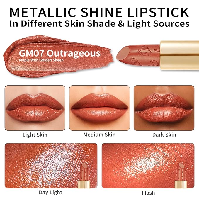 Oulac Maple Matte Lipstick with Glow Metallic Finish - Vegan Lipstick for Women, Creamy Texture, Hydrating Clean Beauty Formula, High-End Magnetic Hook Design, GM07 Outrageous