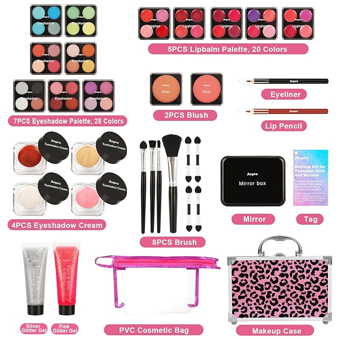 Anpro All-In-One Makeup Carry Case with Pro Teen Makeup Set, Full Starter Cosmetics Kit with Makeup Brushes, Lipsticks, Eye Shadows Palette, Blushes, Glitter Gel-Pink Leopard