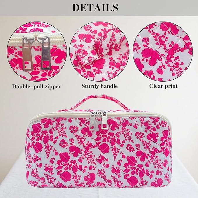 Rose Red Large Quilted Floral Makeup Bag Cute Coquette Aesthetic Cosmetic Bag Open Flat Travel Toiletry Make up Bag for Women