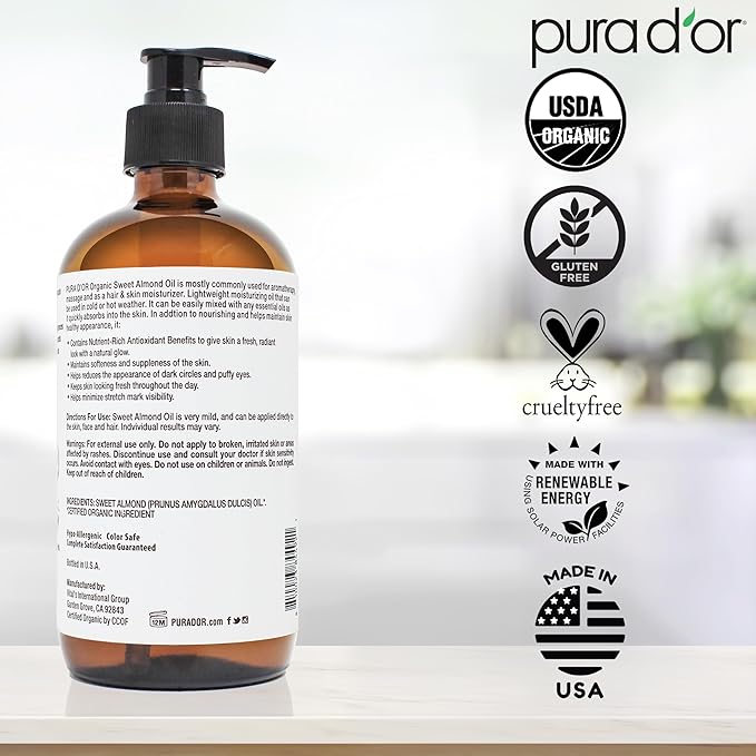 PURA D'OR 16.9 Oz ORGANIC Sweet Almond Oil (GLASS BOTTLE) 100% Pure & Natural USDA Certified Cold Pressed Carrier Oil For DIY Beauty - Non-Greasy, Unscented, Hexane Free Moisturizer - For Hair & Skin