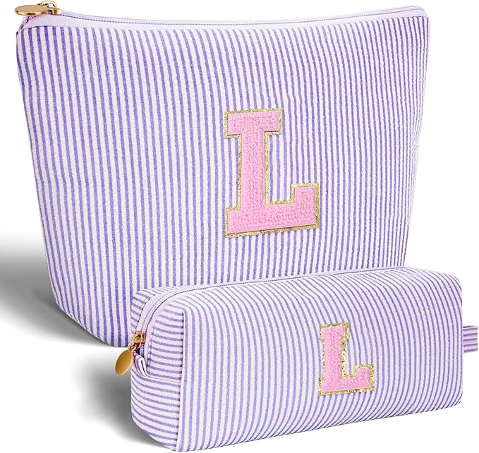 Dance Recital Gifts for Girls - Cosmetic Bag for Teen,Initial Cute Makeup Bag Set for Women,Trendy Pouch for Niece Sister Friend Female Her,Birthday Gifts for Daughter - Lavender,L