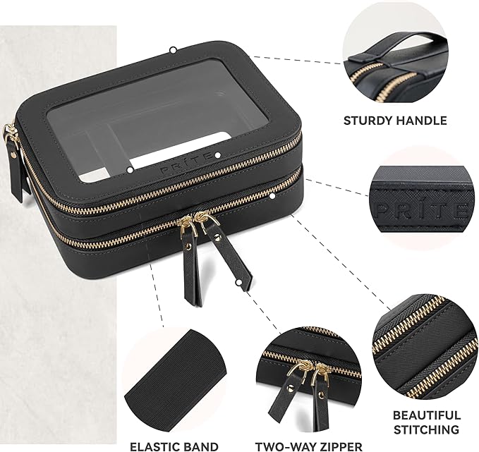 Prite Clear Makeup Bags Double Layer Cosmetic Bags with a Separate Brush Compartment Travel Makeup Bag for Women Travel Accessories Organizer for Purse(Black)