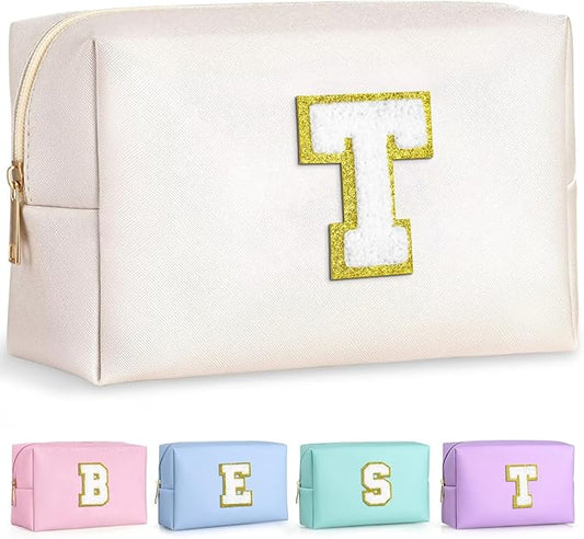 TOPEAST Preppy Stuff for Girls, Initial Makeup Bag Chenille Letter Pouch Cosmetic Bag with Zipper, PU Leather Waterproof Toiletry Bag, Cute Stuff Birthday Gift for Friends Sister (White T)