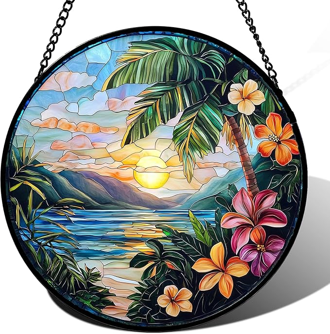 Stained Glass Window Hanging, Colorful Landscape Suncatcher for Doors Home Sun Catchers Decoration and Christmas, Mother's Day Birthday Gifts for Women, Men, and Mom 14.9x14.9 in