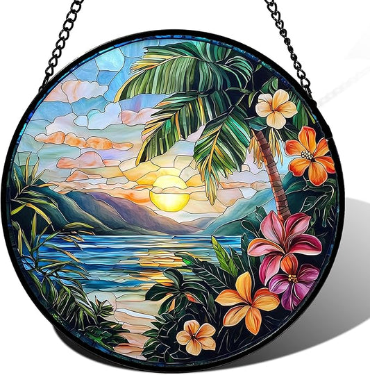 Stained Glass Window Hanging, Colorful Landscape Suncatcher for Doors Home Sun Catchers Decoration and Christmas, Mother's Day Birthday Gifts for Women, Men, and Mom 14.9x14.9 in