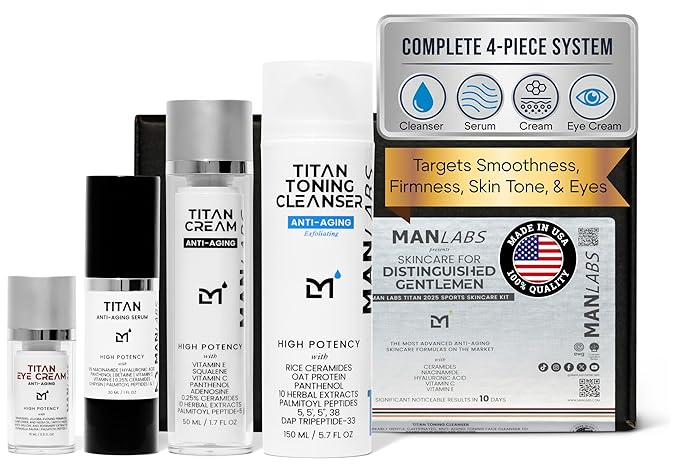 Titan Sports Anti-Aging Mens Skin Care Kit – Cleanser, Face Serum, Eye Cream, Face Moisturizer – Men, Skin Care Set – Dark Circles, Wrinkles, Fine Lines – Vitamin C, Niacinamide, HA–Unscented