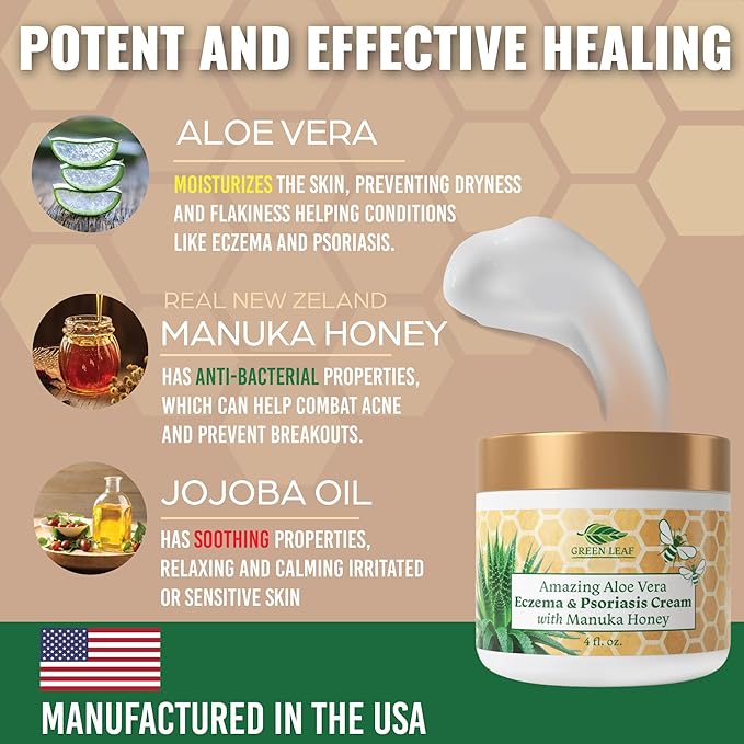 Manuka Honey Eczema Cream Moisturizing Lotion Fragrance Free For Psoriasis Relief - Itchy, Dry Skin Rash Ointment - Skin Soothing Moisturizer - Body & Face Cream - Kids & Adults 8oz