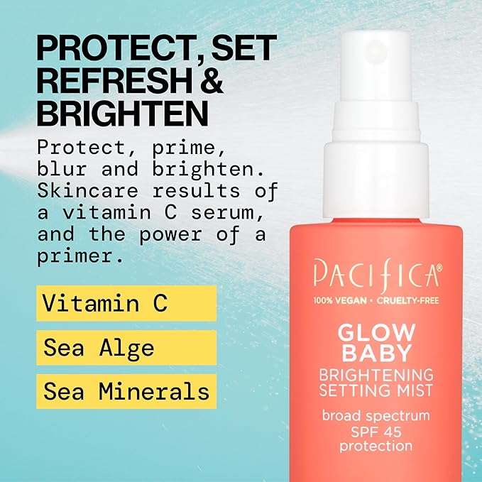 Pacifica Setting Spray Glow Baby Brightening Mist, Broad Spectrum SPF 45, UVA/UVB Protection, Blue Light Protection, Facial Mist, Suncare, Skin Care, Vegan, 1.7 fl oz (1 Count)