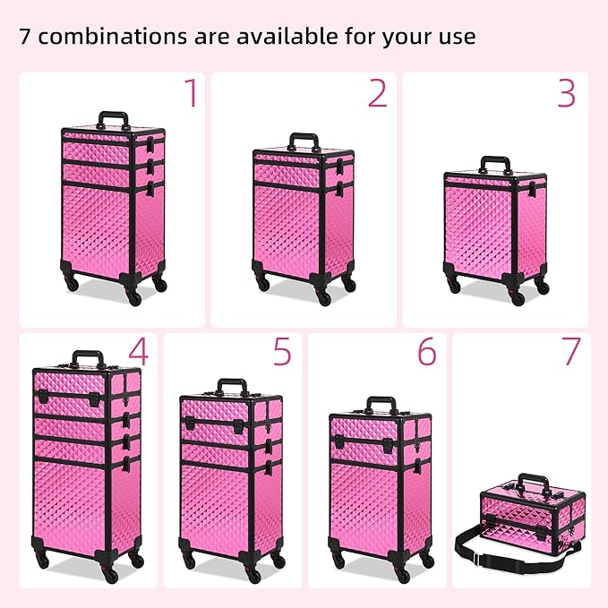 Rolling Makeup Case, Makeup Train Case with Lid, 5 in 1 Cosmetology Case on Wheels, Christmas Gift, Large Makeup Organizers, Profesional Cosmetic Case for Salon Barber, Rose Red