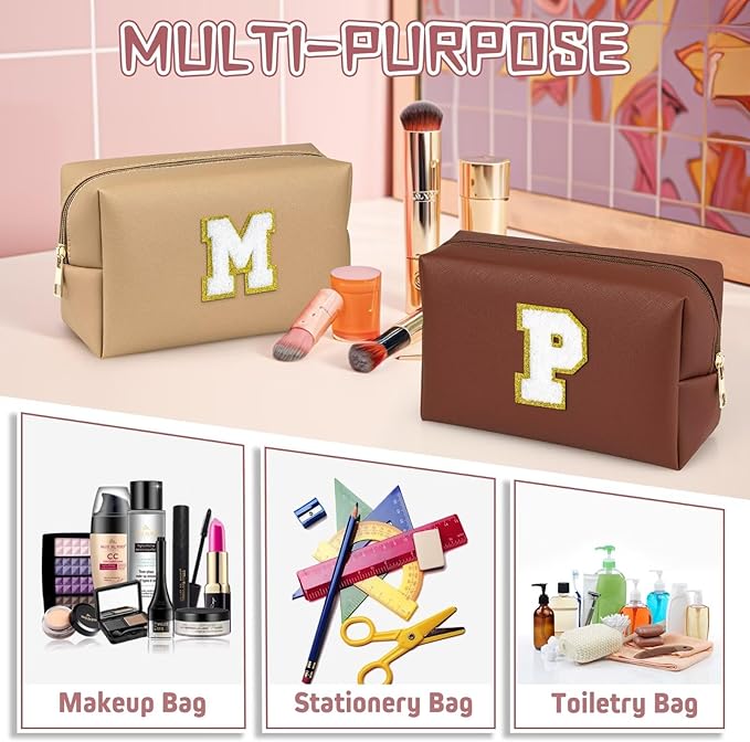 TOPEAST Travel Makeup Bag, Personalized Initial Toiletry Bag w Zipper, Cute Makeup Pouch, PU Leather Waterproof Cosmetic Bag, Birthday Gift for Daughter, Preppy Things for Girls (Brown G)