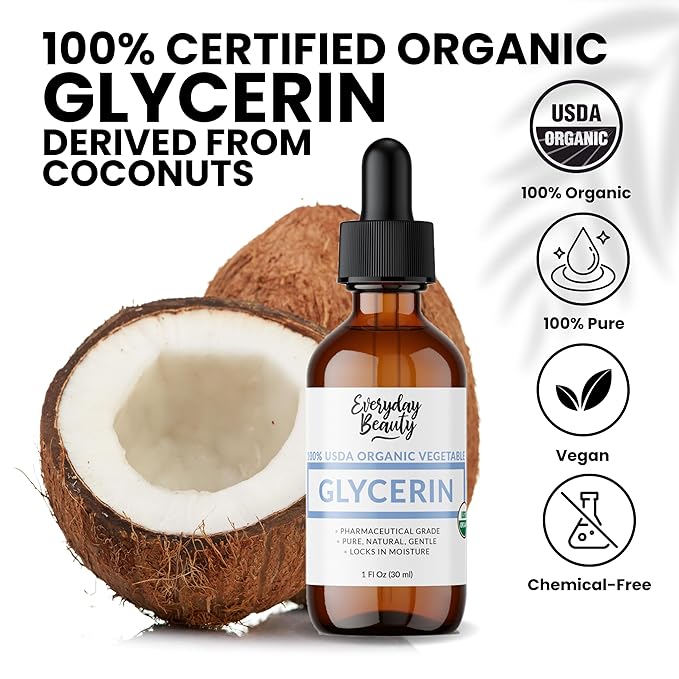 100% Organic Glycerin - For Skin & Hair - Food Grade - USDA Certified - Not From Palm Oil - Perfect Skin and Hair Moisturizer - 1 Fl Oz Glass Bottle & Dropper