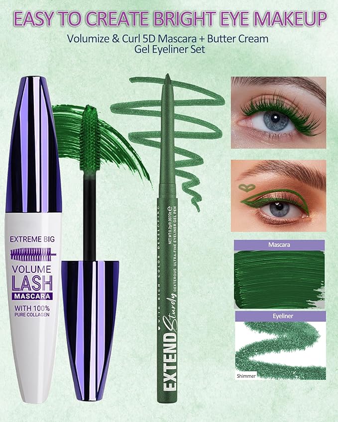 Green Mascara and Eyeliner Set,5D Waterproof Mascara Volume and Length Natural Lengthening Curling, Smudge Proof Green Eyeliner Pencil, Natural Eye Makeup Gift Kit for Women in Halloween Set-06