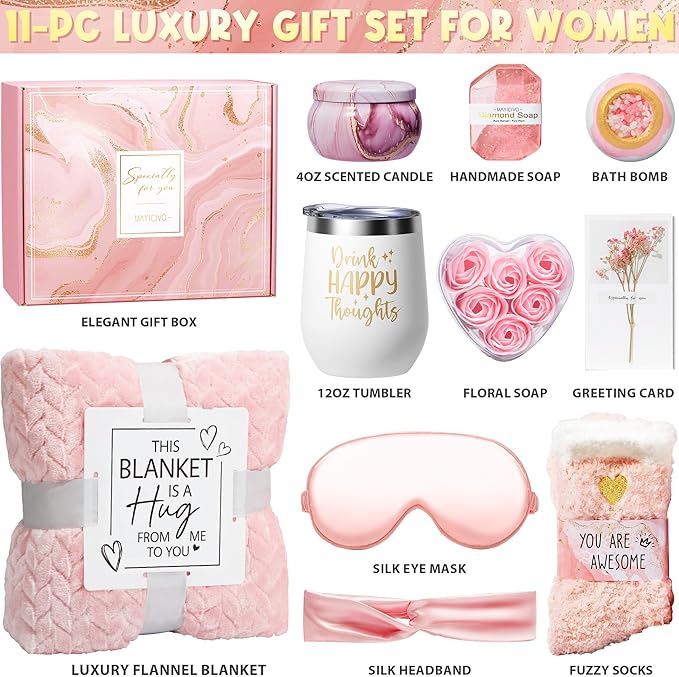 Birthday Gifts for Women Self Care Gifts Get Well Soon Gifts, Rose Relaxing Spa Gifts Basket Care Package w/ Luxury Flannel Blanket, Unique Christmas Gifts for Mom Her Friend Sister Wife Grandma