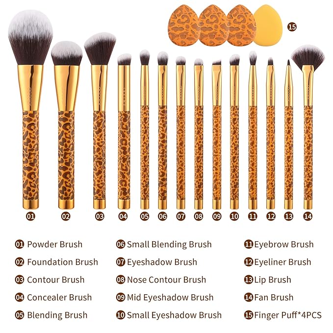 Docolor Makeup Brushes Leopard 14pcs Premium Synthetic Foundation Powder Concealers Eye shadows Blush Makeup Brush Set with 4pcs Makeup Puffs
