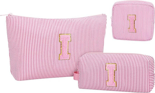MONSTINA Personalized Initial Makeup Bag for Women,Monogram Make Up Case for Girlfriend Bridesmaid Wife,Birthday Gift for Her Cute Toiletry Bag,3PCS,Pink I