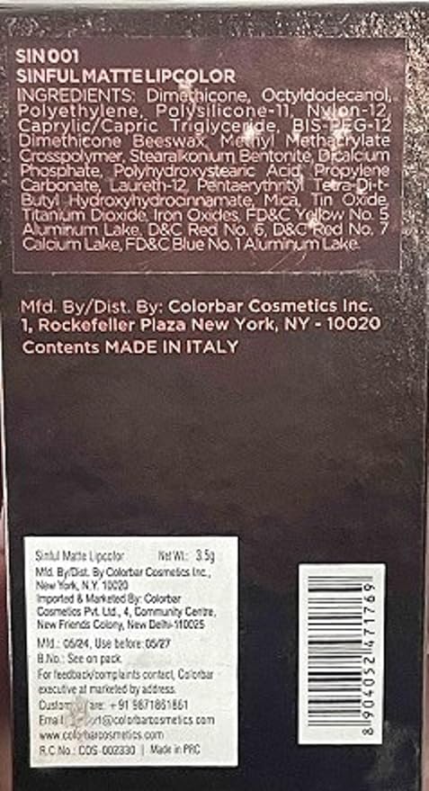 Sinful Matte Lipcolor - Long Lasting Lipstick - Creamy Matte Lipstick Hydrates Lips - Preservative-Free - 001 Sin - 0.12 oz