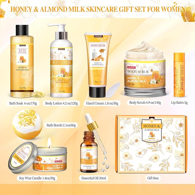 Gifts for Women, Birthday Gifts for Women, 9 Pc Almond Milk & Honey Bath and Body Gifts Set, Self Care Gifts Spa Gifts Basket, Relaxing Bath Sets for Mom, Girlfriend, Sister, Female Friends, Coworker