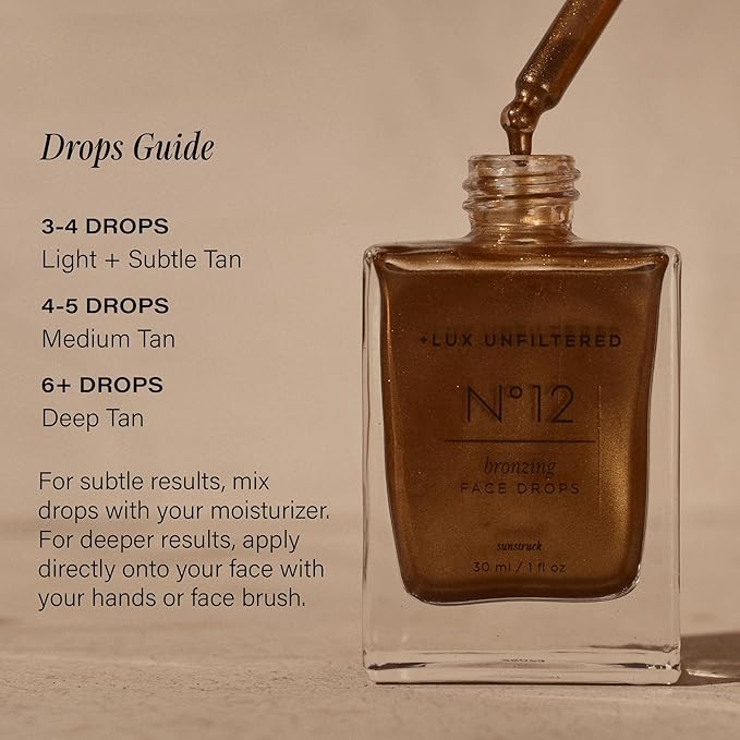 + Lux Unfiltered N°12 Sunstruck Face Tanning Drops - Fragrance Free Bronzing Drops for Face with Hyaluronic Acid, Coconut Water, & Passionfruit Oil - Cruelty Free & Vegan Self Tanner