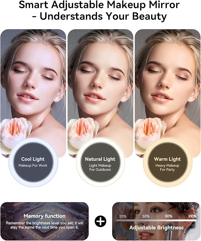 JUSRON Travel Makeup Bag With LED Mirror, Cosmetic Train Case with Light up Mirror, Portable Makeup Artist Organizer Bag with Adjustable Dividers, Makeup Brush Holder Storage (Rose Gold, Large)