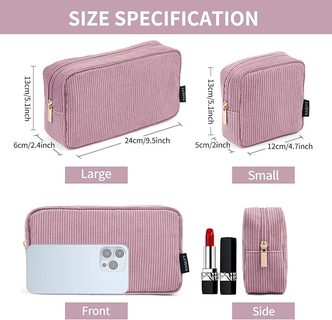 MAGEFY Small Makeup Bag for Purse Mini Cosmetics Bag Corduroy Cute Cosmetic Pouch for Women with Slip-in Pockets