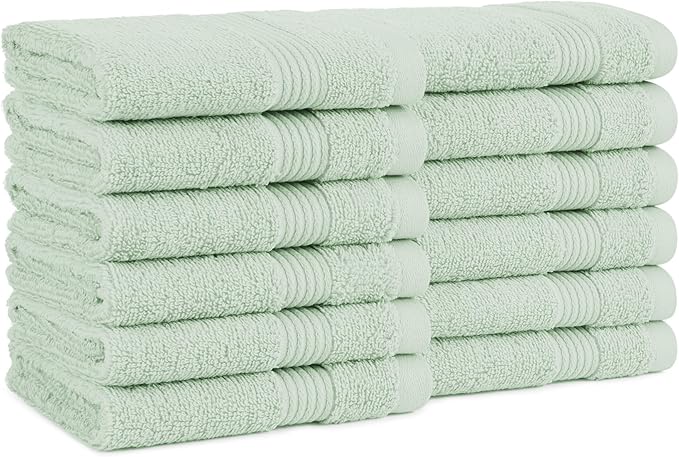 Arkwright Bath Washcloths 12 Pack - Super Soft 100% Cotton, 600 GSM Quick Dry & Absorbent, Luxury Face & Body Wash Cloth Towels for Hotels, Spa, and Vacation Rentals, Eucalyptus Green