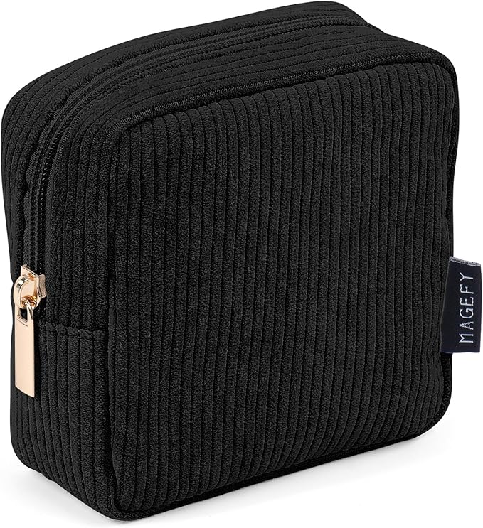 MAGEFY Small Makeup Bag for Purse Mini Cosmetics Bag Corduroy Cute Cosmetic Pouch for Women with Slip-in Pockets