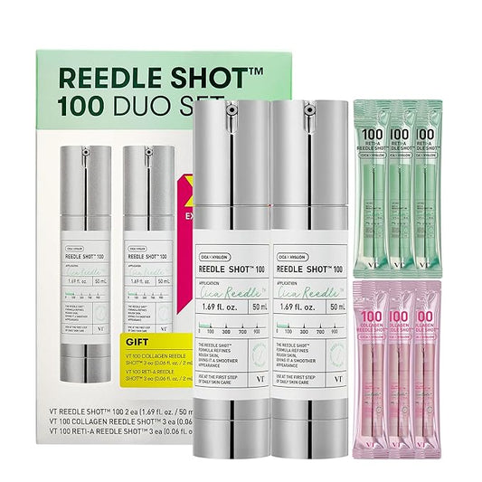 VT COSMETICS Reedle Shot 100 Duo Set with Collagen & Retinol Reedle Shot Pouch (Gift) – Exosome Microneedling Serum, Exfoliating, Soft & Glass Skin, Korean Skincare (1.69 fl. oz x2 / 0.06 fl. oz x6)